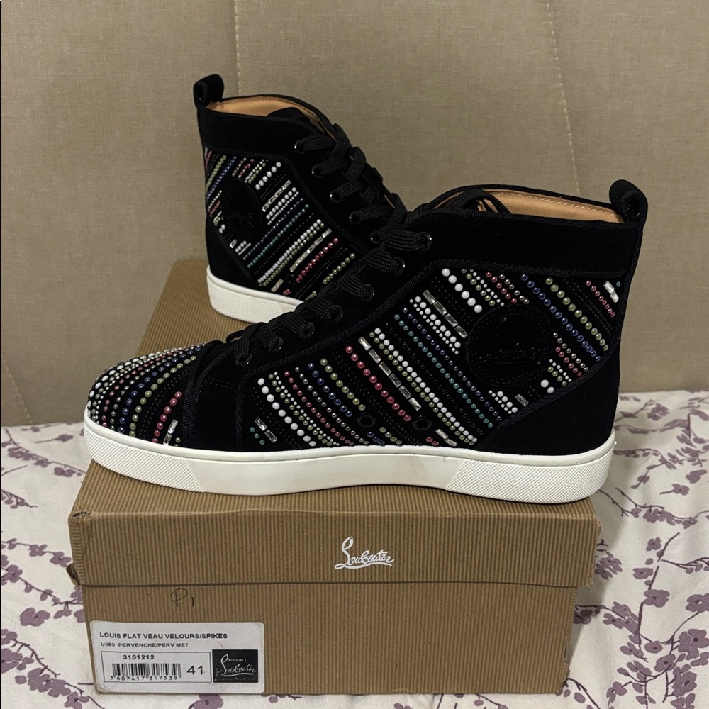 CHRISTIAN LOUBOUTIN Veau Velours Women’s Colorblock Louis Spikes Flat Sneakers